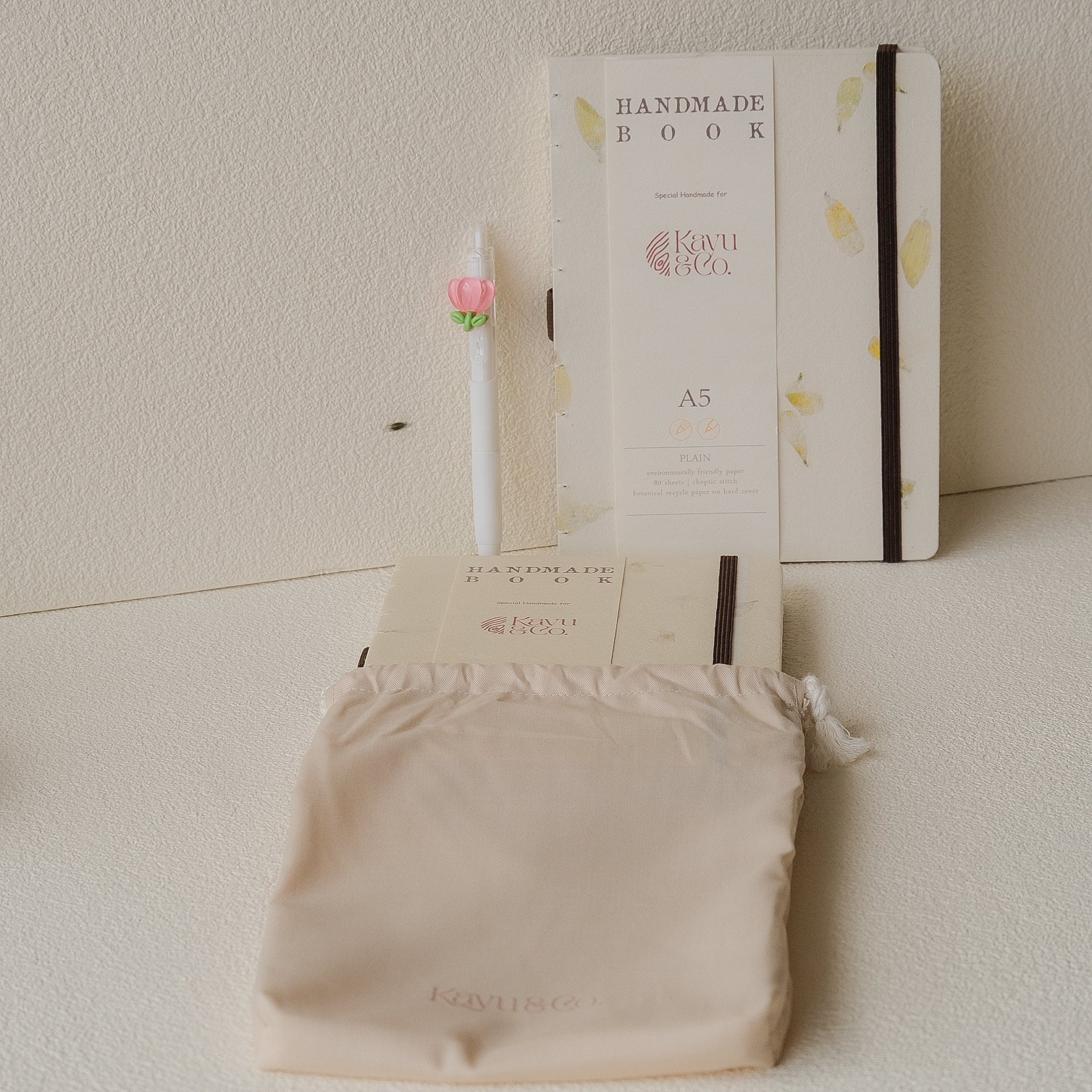 Chrysanthe A5 handmade notebook with pressed chrysanthemum petals, eco-friendly recycled paper, dust bag and flower pen – perfect for journaling or scrapbooking