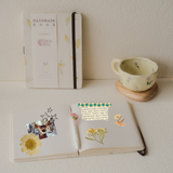 Chrysanthe A5 handmade notebook with pressed chrysanthemum petals, eco-friendly recycled paper, dust bag and flower pen – perfect for journaling or scrapbooking