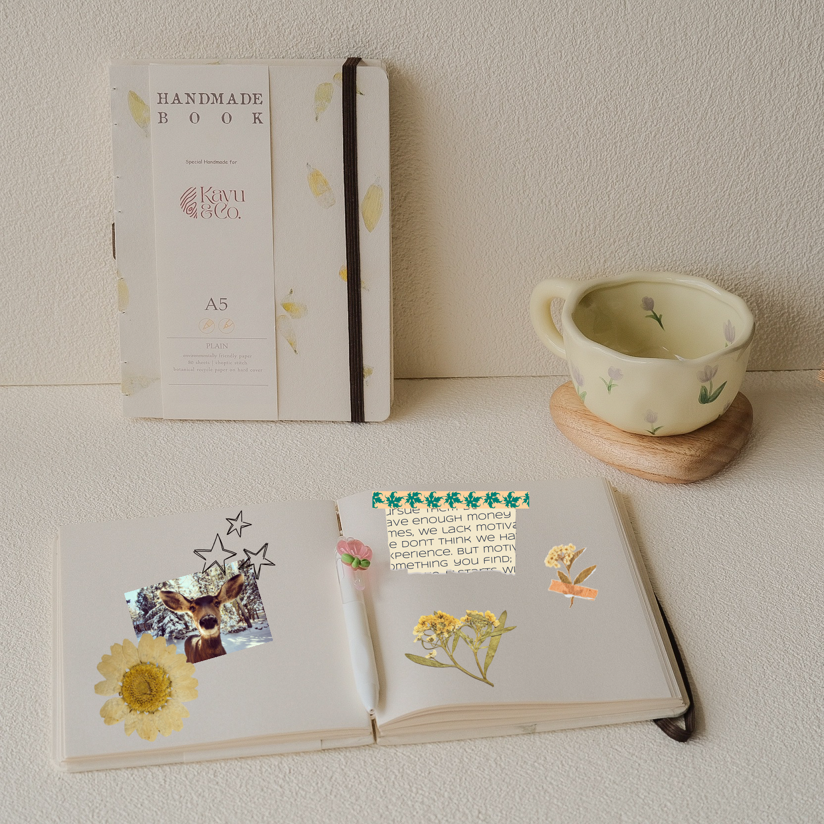 Chrysanthe A5 handmade notebook with pressed chrysanthemum petals, eco-friendly recycled paper, dust bag and flower pen – perfect for journaling or scrapbooking
