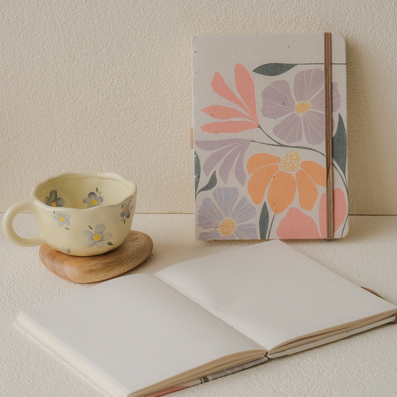 A5 Blossom Daydream handmade floral journal with pink and purple pastel flowers, recycled pages, flower pen, and dust bag – ideal for scrapbooking or journaling
