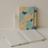Hanami A5 Recycled Journal with blue Japanese floral print, flower pen and cotton dust bag – ideal for journaling or scrapbooking memories