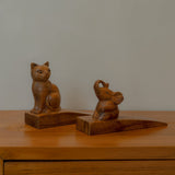 Handcarved Solid Wood Cat & Elephant Doorstopper Set