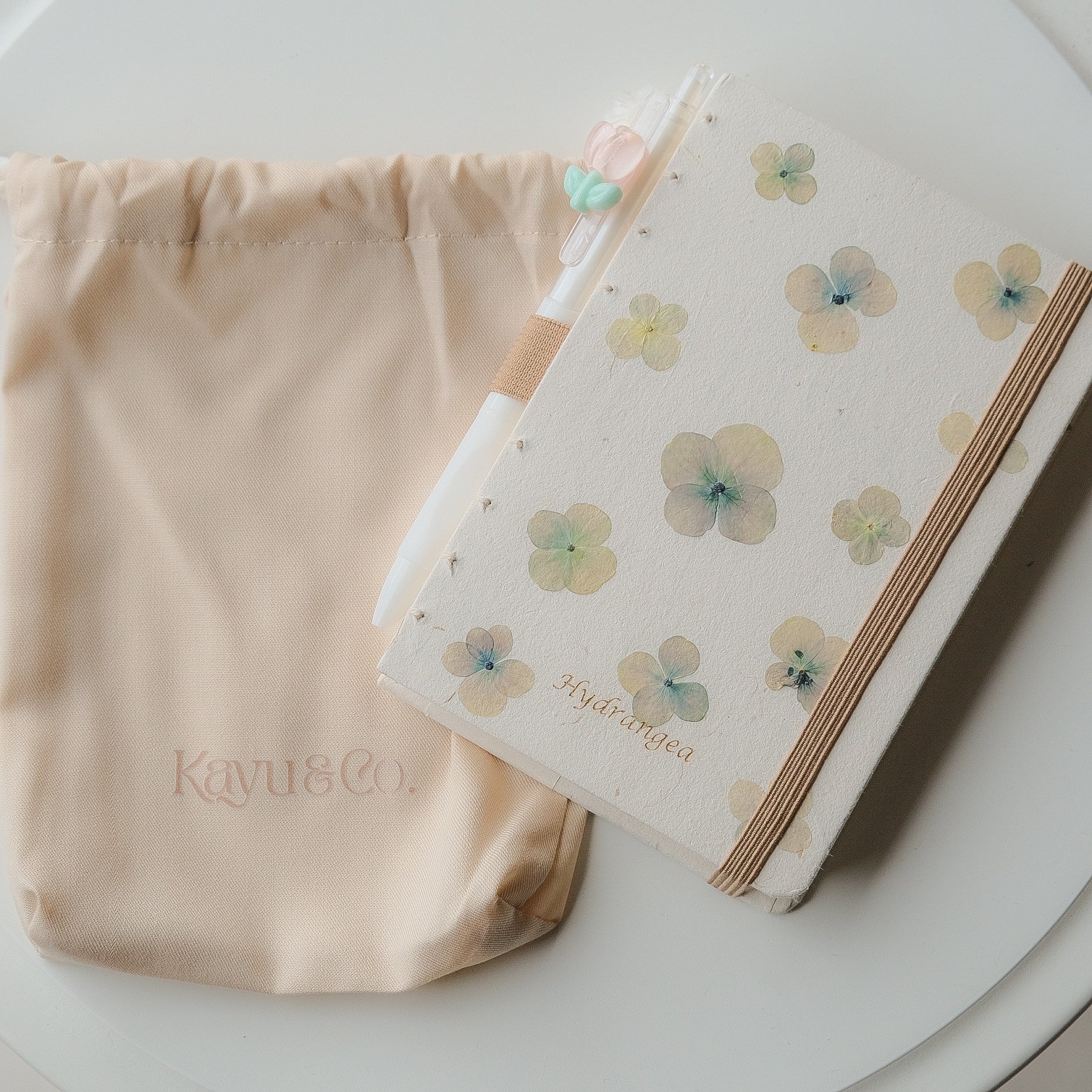 A6 recycled journal with real hydrangea flower cover, flower pen, and dust bag