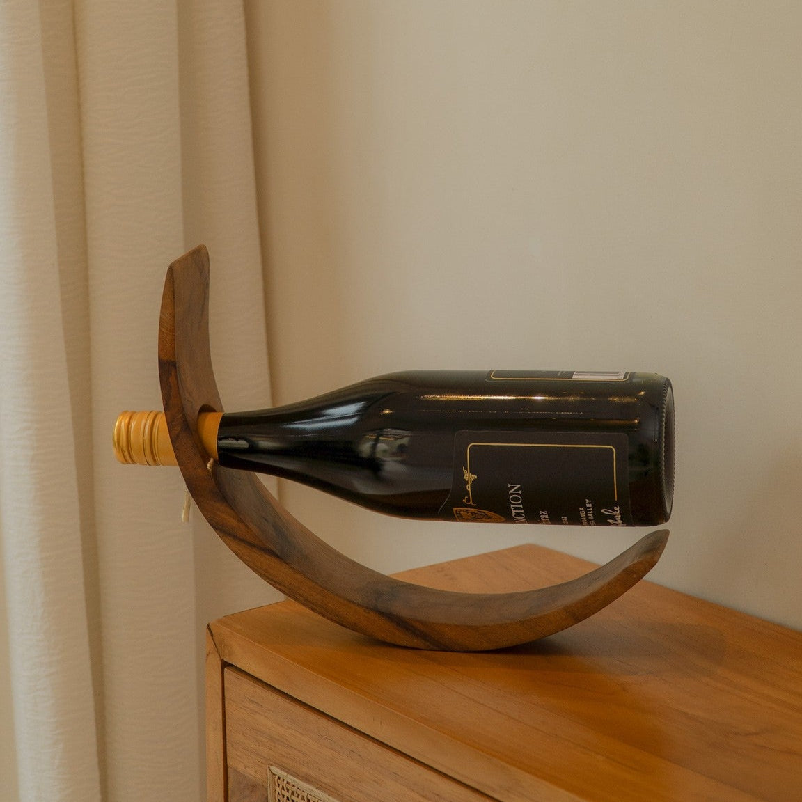 Elegant minimalist modern wooden wine holder stand, 29cm high, perfect for home decor and housewarming gifts.
