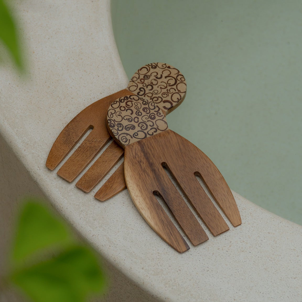 Handmade salad fork set with natural cinnamon inlay, crafted by a World Fair Trade female organization in Bali with a smooth, healthy low tox finish.