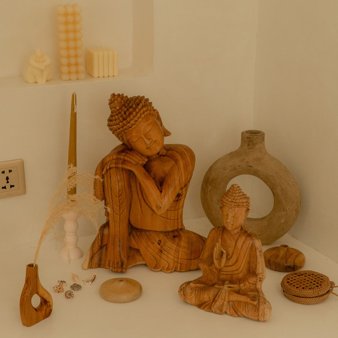 Hand carved 40cm solid wood Buddha statue made from sustainably sourced suar wood timber, exuding calm and relaxation