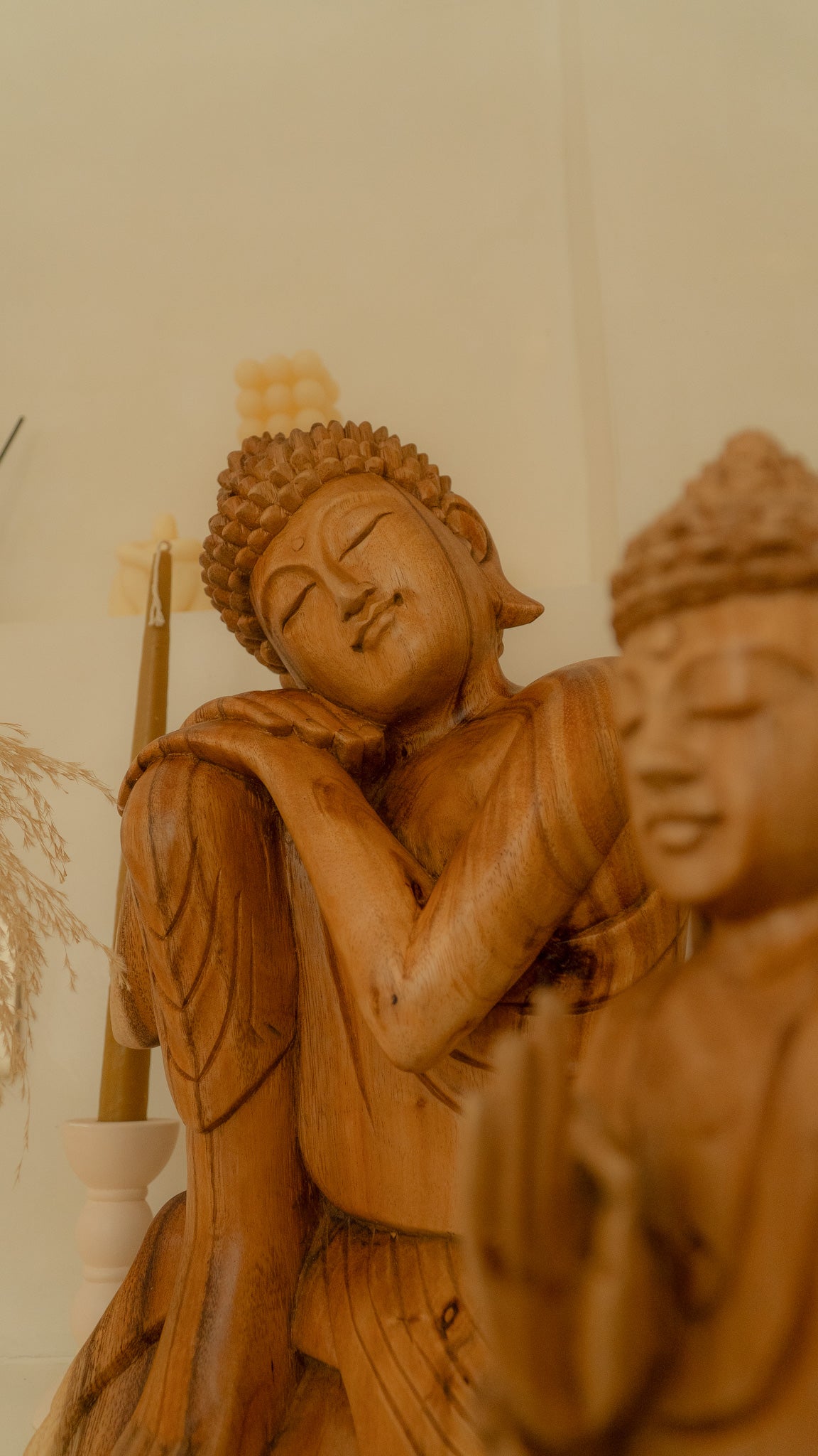 Hand carved 40cm solid wood Buddha statue made from sustainably sourced suar wood timber, exuding calm and relaxation