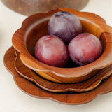 Wooden scalloped teak bowl handmade in Indonesia, 17cm size, kid-friendly and dishwasher safe with food-grade oil finish