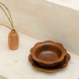 Wooden scalloped teak bowl handmade in Indonesia, 17cm size, kid-friendly and dishwasher safe with food-grade oil finish
