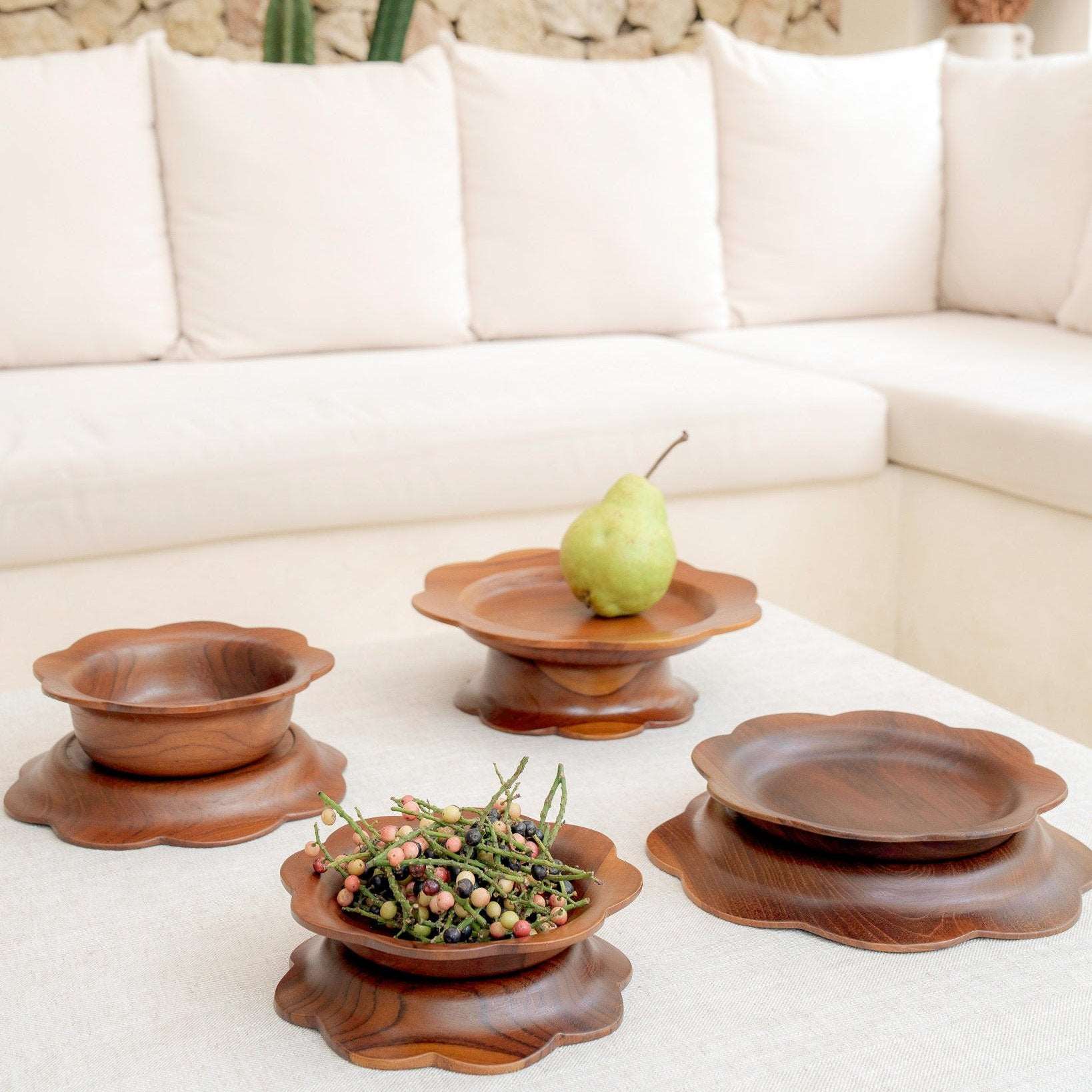 Wooden scalloped teak bowl handmade in Indonesia, 17cm size, kid-friendly and dishwasher safe with food-grade oil finish