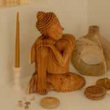 Hand carved 40cm solid wood Buddha statue made from sustainably sourced suar wood timber, exuding calm and relaxation