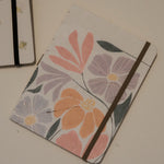 Sustainable hand-stitched notebook with vibrant floral market-inspired cover, made from upcycled newspapers, banana trunks, and dried leaves. Perfect for journaling and planning.