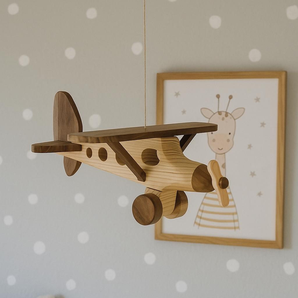 Wooden airplane toy on a wall with polka dot pattern and framed picture of a giraffe.