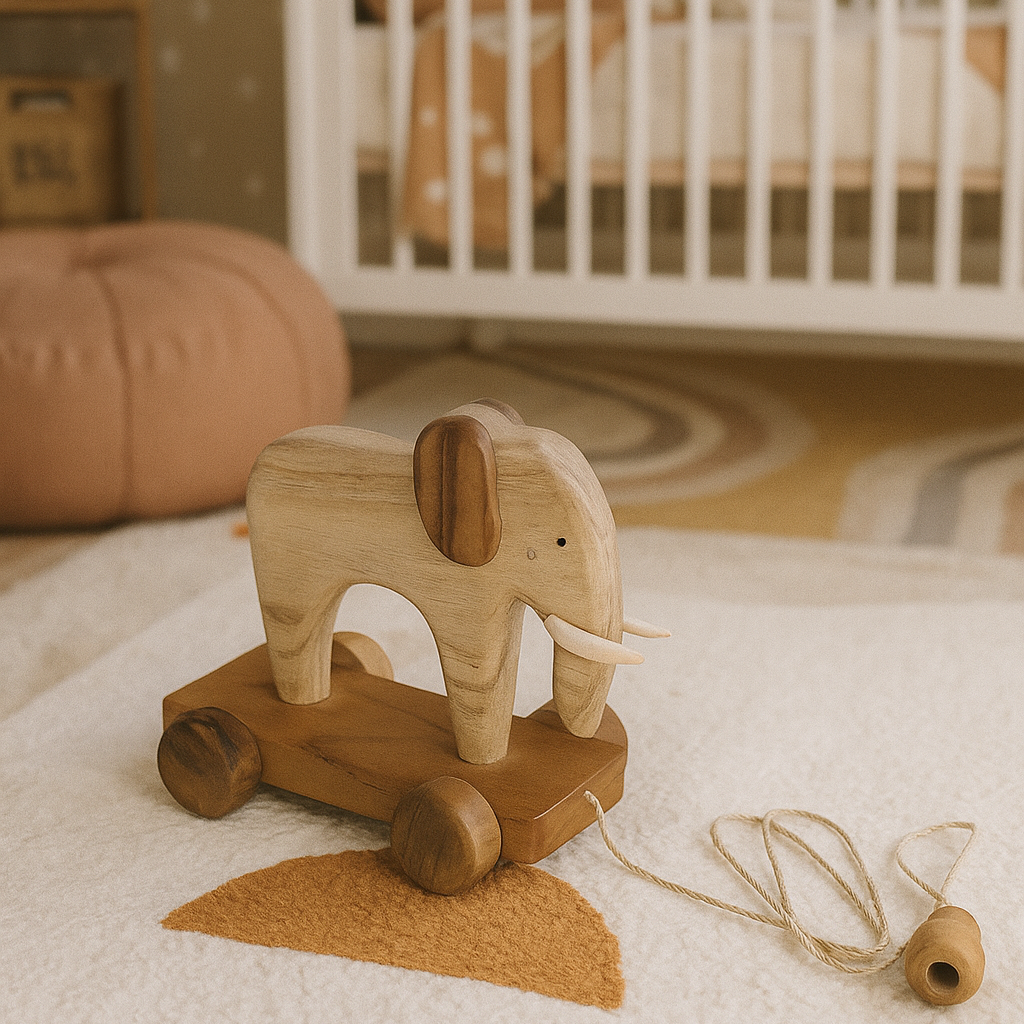 Wooden elephant toy with wheels on a soft surface in a nursery setting