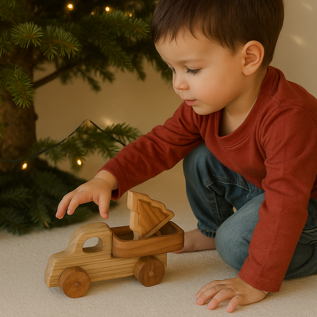 Child playing with a wooden toy truck in front of a decorated Christmas tree.