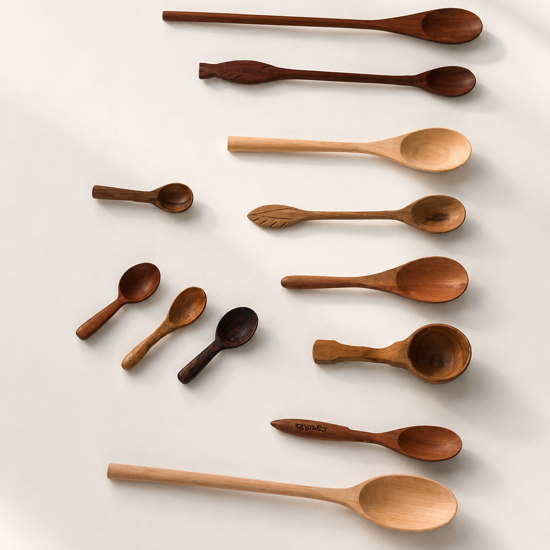 A set of ten wooden spoons in various sizes and shapes, arranged neatly on a light beige background with soft shadows.