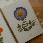 A6 journal with real pressed Aster flower on cover, floral pen, and dusty pouch