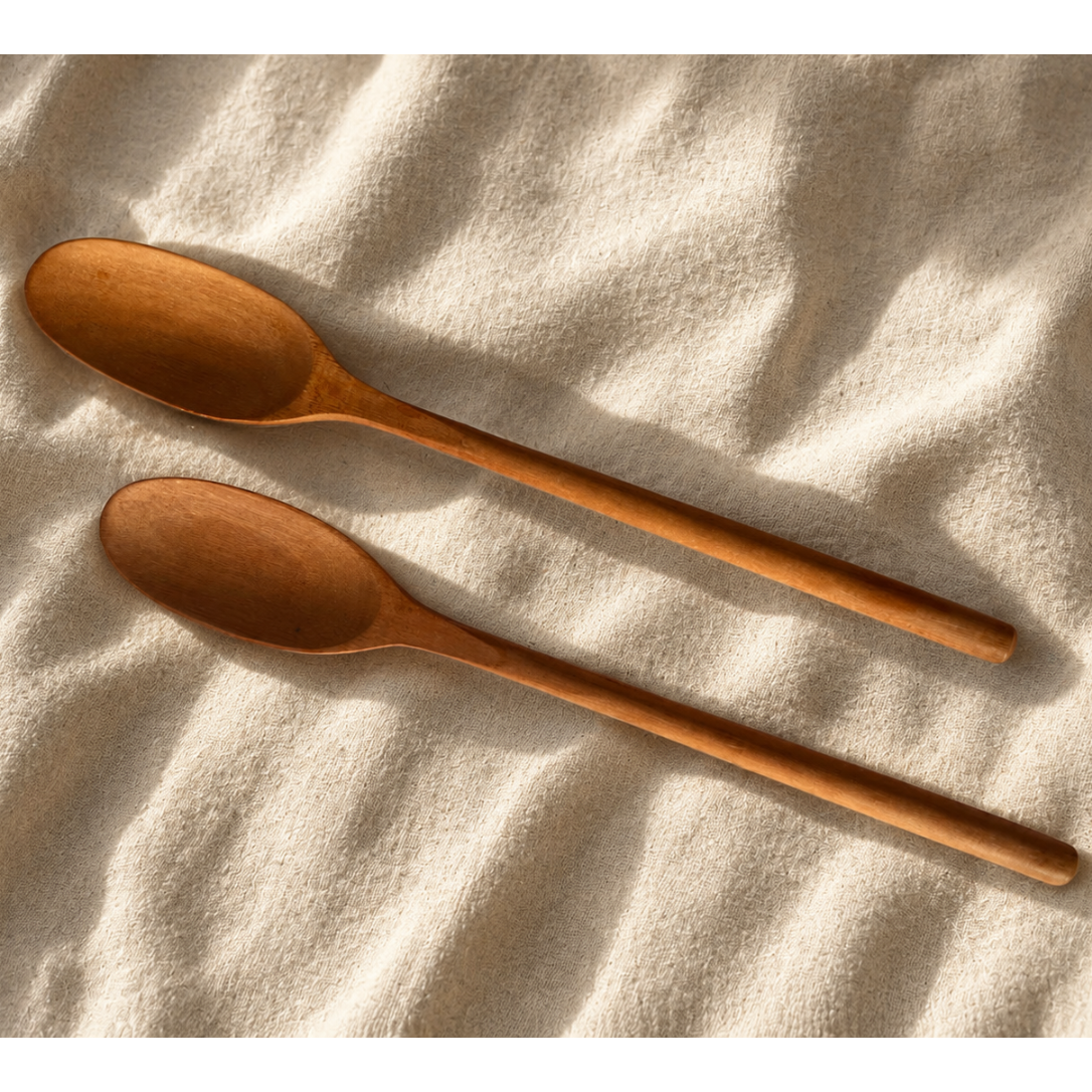 Two wooden spoons with a warm medium-brown finish, arranged diagonally on a textured beige fabric background under soft, warm sunlight.