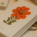 A6 cosmos flower journal with real pressed bloom on the cover, floral pen, and dust bag – colors may vary