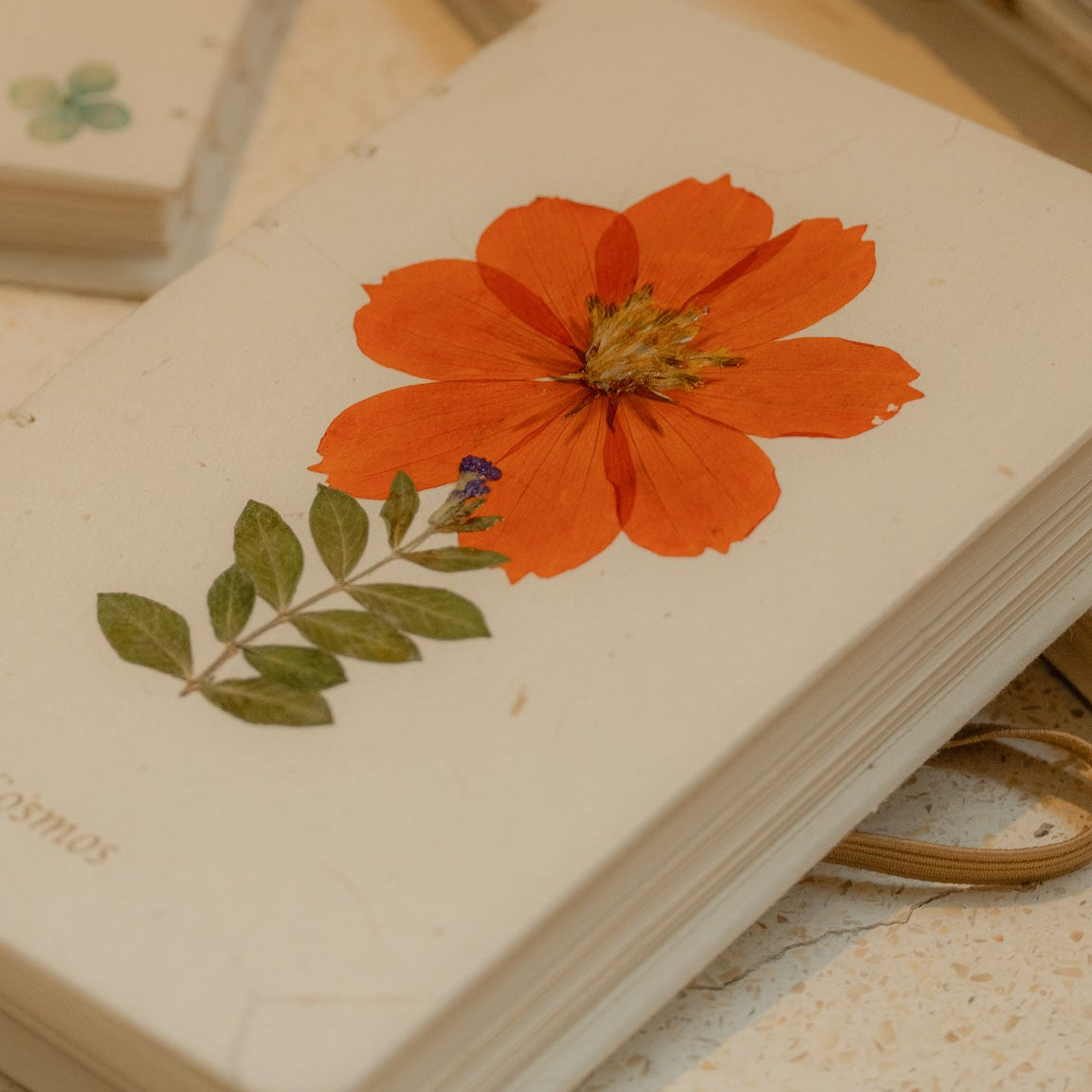 Notebook with a pressed orange flower on a textured surface