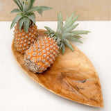 handcarved solid wood tray in leaf shape with pineaplle