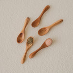 Set of 5 Lara Mini Curved Wooden Spoons handcrafted from reclaimed teak – designed for salt, spices, and herbs, fits perfectly into small kitchen jars