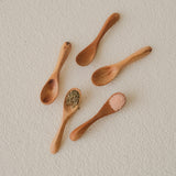 Set of 5 Lara Mini Curved Wooden Spoons handcrafted from reclaimed teak – designed for salt, spices, and herbs, fits perfectly into small kitchen jars