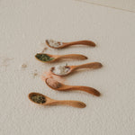 Set of 5 Lara Mini Curved Wooden Spoons handcrafted from reclaimed teak – designed for salt, spices, and herbs, fits perfectly into small kitchen jars