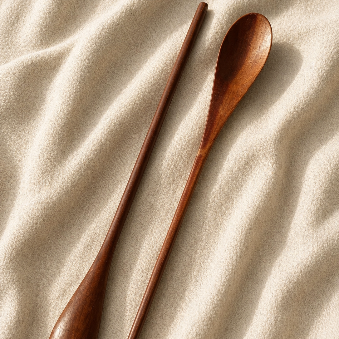A wooden spoon and matching wooden chopsticks arranged diagonally on a textured beige fabric background.