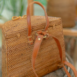 Pipa woven handbag with leather straps on a blurred natural background