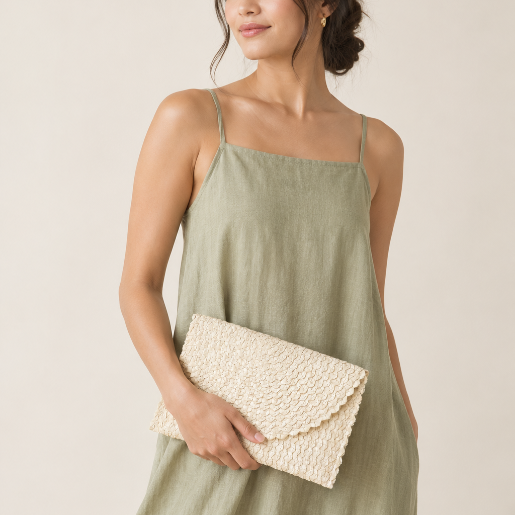 Aya Palm Leaf Clutch in natural cream, hand woven with scalloped flap, displayed with a model wearing green dress