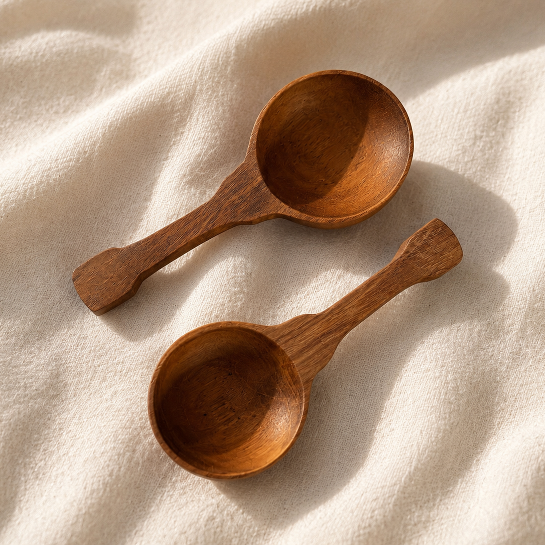 Two small wooden spoons with wide bowls and short handles, arranged diagonally on a textured cream fabric background with soft shadows.