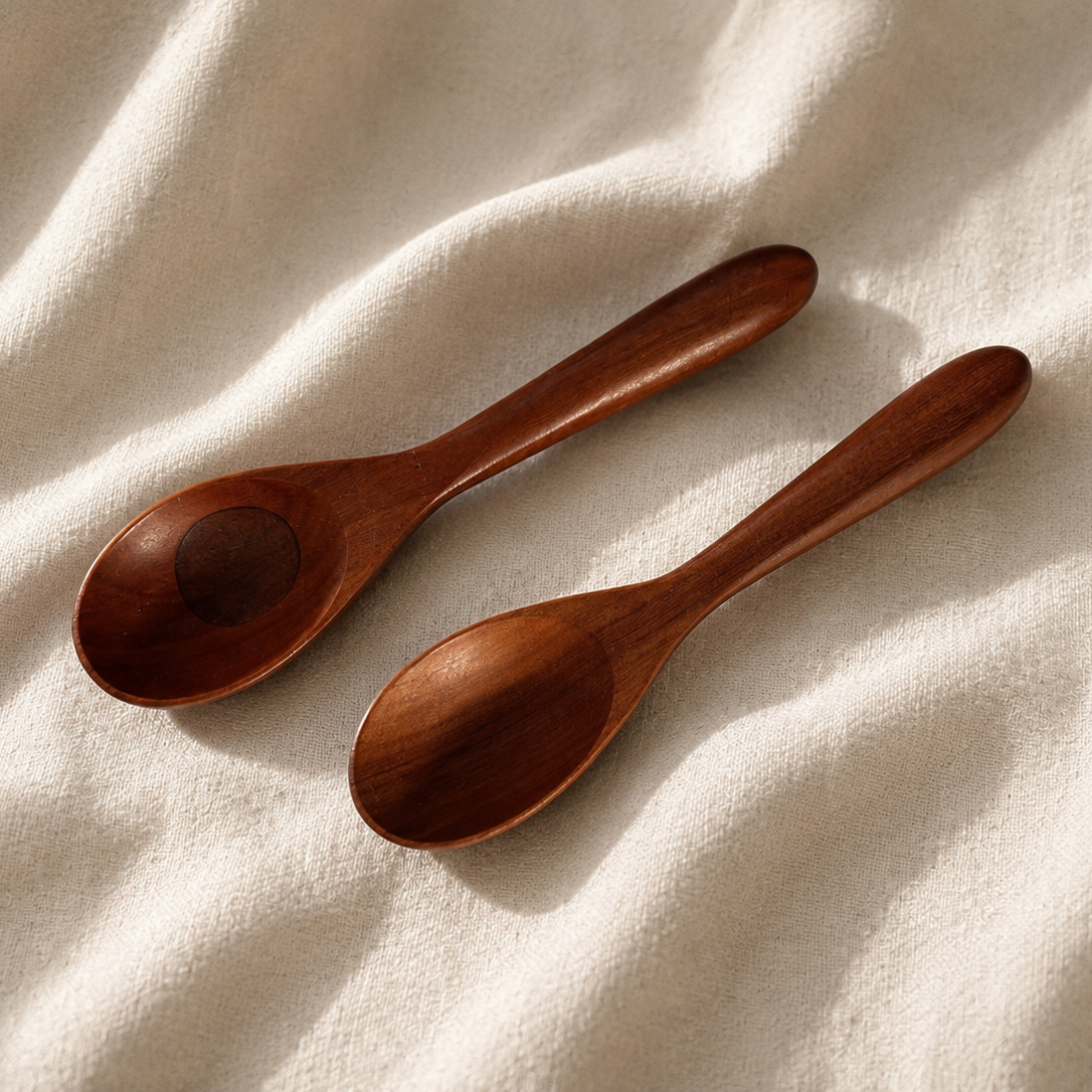 Two wooden spoons with a warm reddish-brown finish, arranged diagonally on a textured cream fabric background.