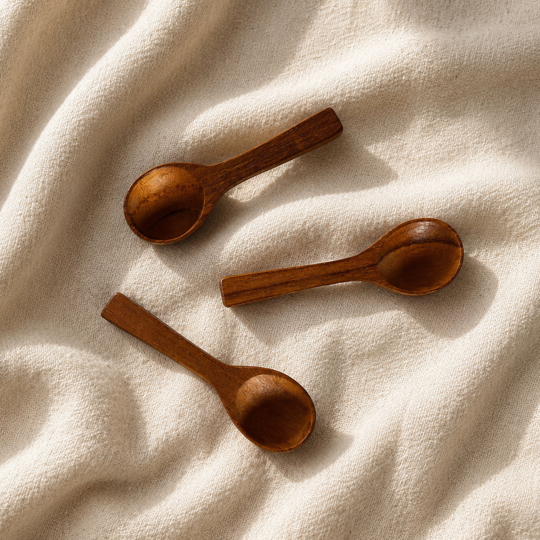 Three small handcrafted wooden spoons with long handles and oval bowls, arranged on a textured cream fabric background.