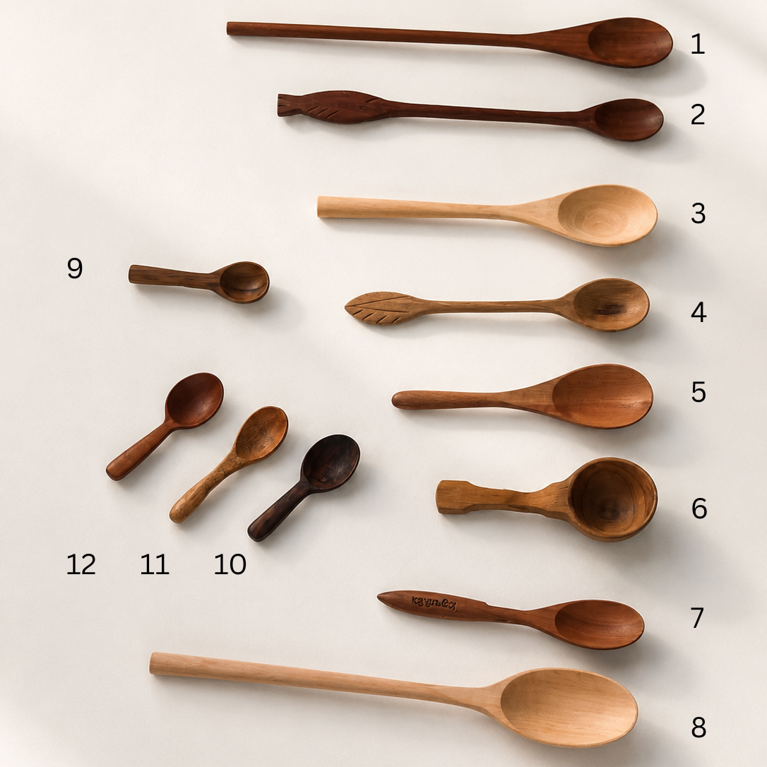 A set of ten wooden spoons in various sizes and styles, arranged vertically on a light off-white background with sequential numbers 1 through 12 next to them.