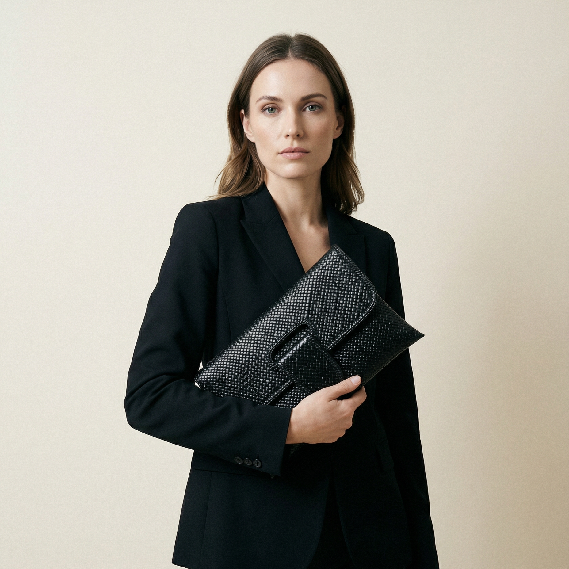 Woman holding a black clutch with a textured pattern against a beige background