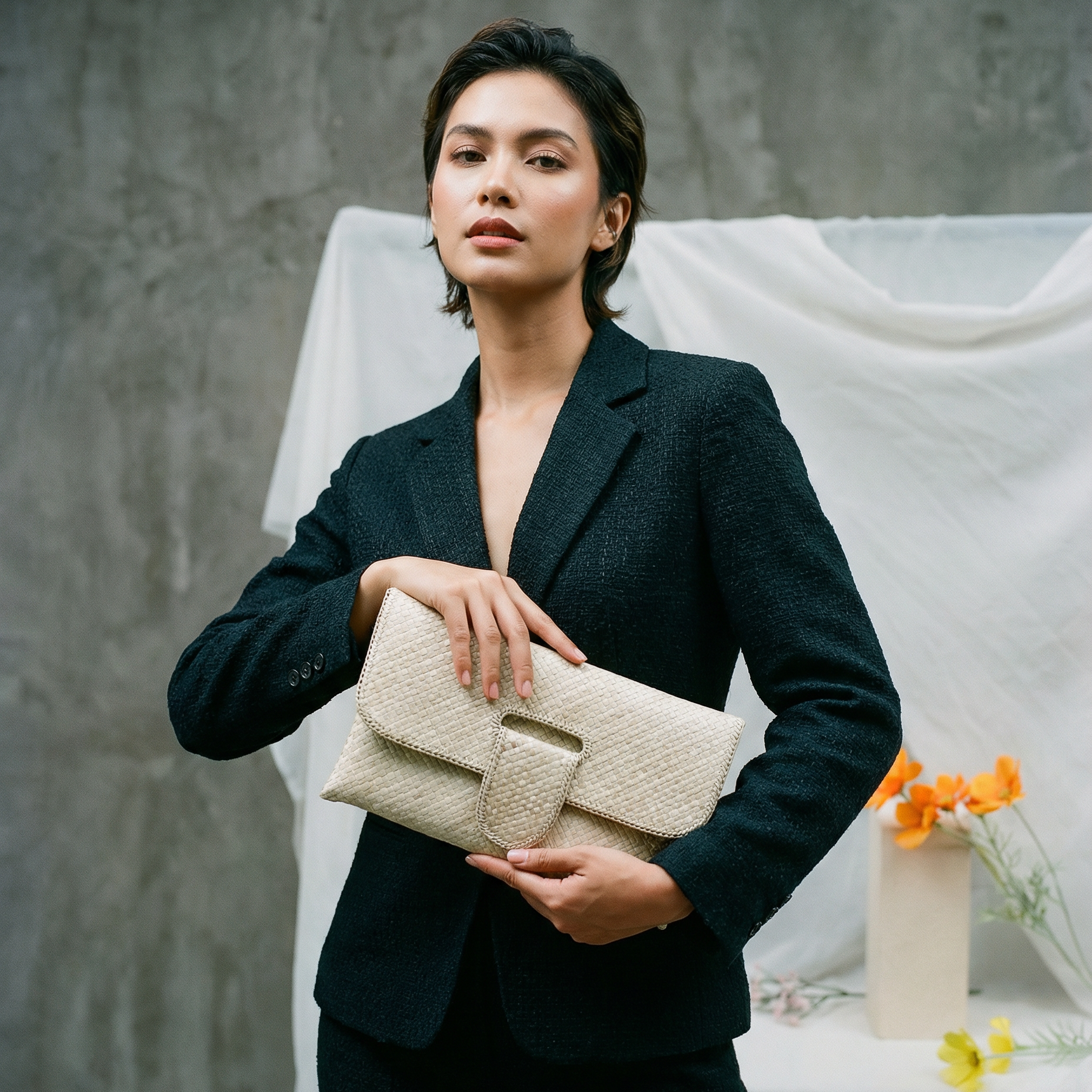 Woman holding a beige clutch against a neutral background