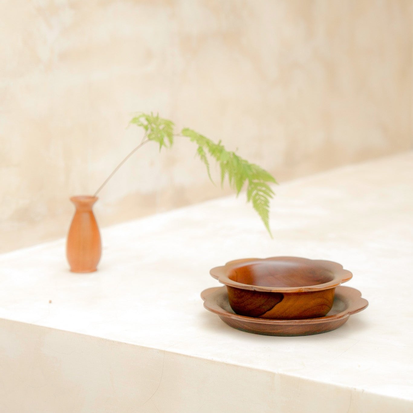 Wooden scalloped teak bowl handmade in Indonesia, 17cm size, kid-friendly and dishwasher safe with food-grade oil finish