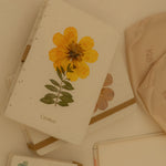 A6 cosmos flower journal with real pressed bloom on the cover, floral pen, and dust bag – colours may vary